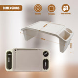 A white plastic tray table attached to a wall, complete with storage compartments and two cup holders. The table has a built-in drawer and a shelf for additional storage. It also features a paper towel holder on the side. The measurements indicate its dimensions are 68 x 30 cm. The design is simple and functional, perfect for saving space in small rooms or apartments. This tray table offers convenience and organization to any living area. - UKBuyZone