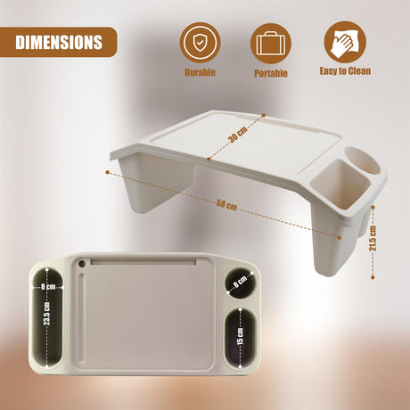 A white plastic tray table attached to a wall, complete with storage compartments and two cup holders. The table has a built-in drawer and a shelf for additional storage. It also features a paper towel holder on the side. The measurements indicate its dimensions are 68 x 30 cm. The design is simple and functional, perfect for saving space in small rooms or apartments. This tray table offers convenience and organization to any living area. - UKBuyZone