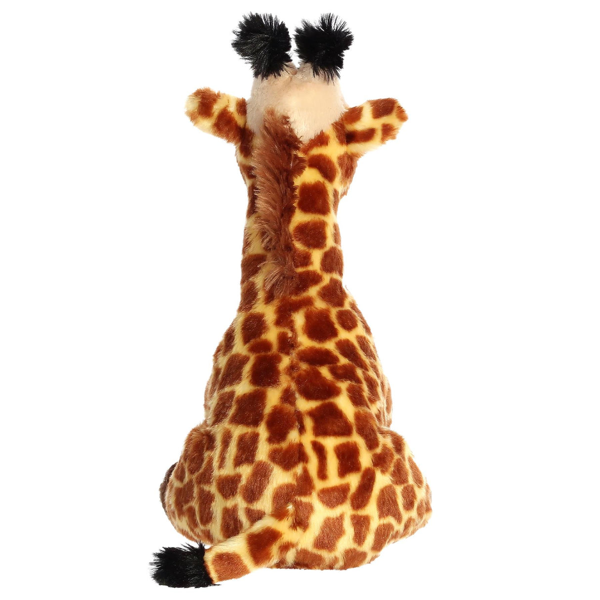 Spotted brown and tan plush giraffe toy appears standing upright with black tufts on its head.