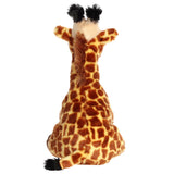 Spotted brown and tan plush giraffe toy appears standing upright with black tufts on its head.