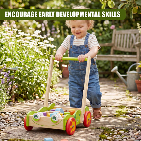 Wooden walker for toddlers featuring wheels, a handle, and a block compartment base.