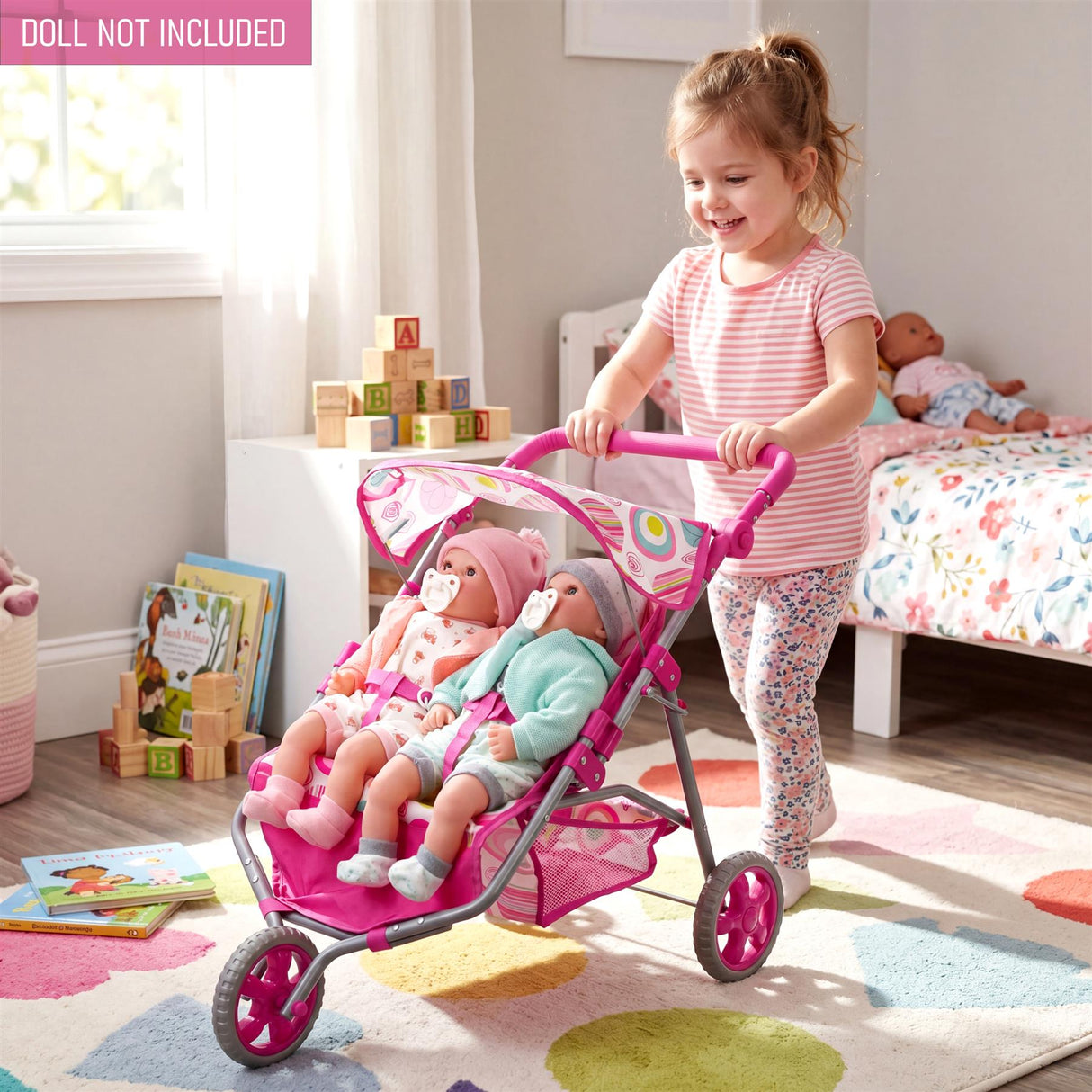 3 Wheeler Twin Doll's Pushchair, Pink