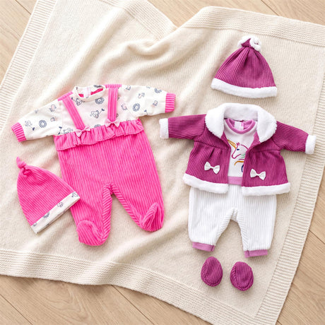 Miniature doll outfits feature hot pink pants, patterned white tops, a purple cardigan, and matching hats.