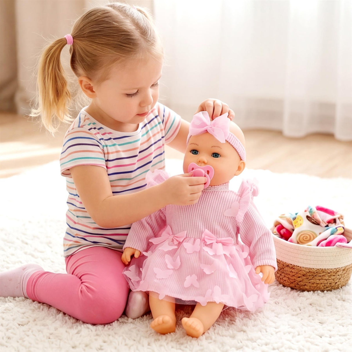 Girl feeds a large baby doll in a pink ruffled outfit; toys rest in a basket nearby.