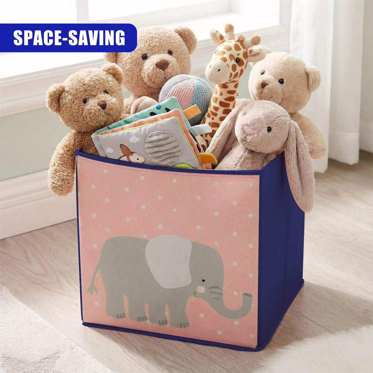 Stuffed animals in a storage box, with one open to show toys inside and another closed showing the animal design on its side. The background is white with a subtle pattern. - UKBuyZone