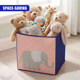 Stuffed animals in a storage box, with one open to show toys inside and another closed showing the animal design on its side. The background is white with a subtle pattern. - UKBuyZone