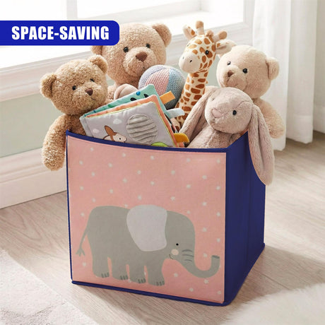 Stuffed animals in a storage box, with one open to show toys inside and another closed showing the animal design on its side. The background is white with a subtle pattern. - UKBuyZone