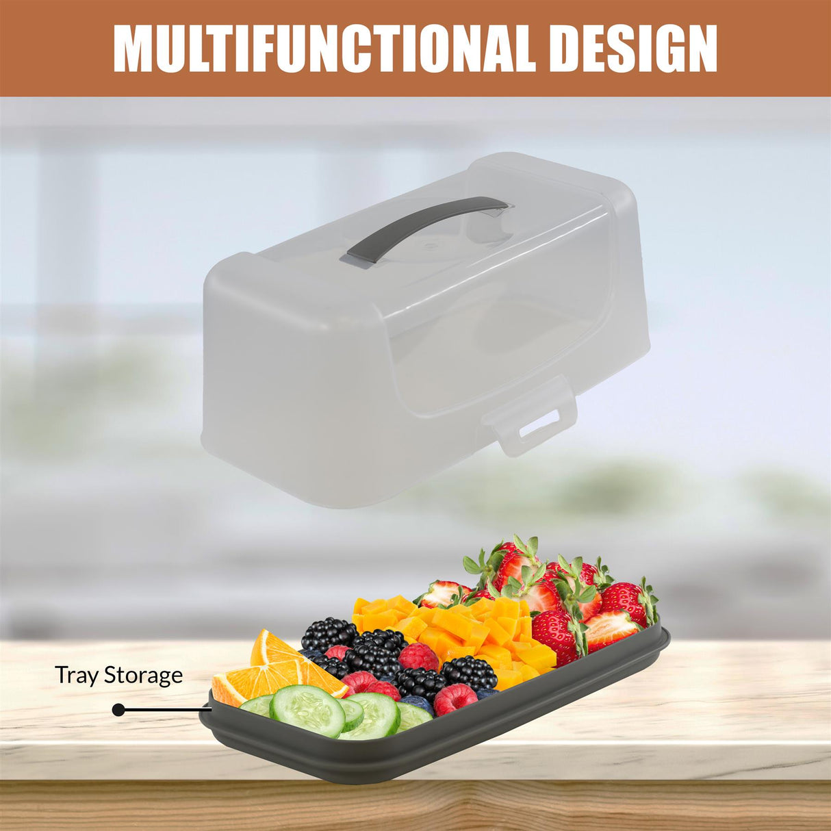 White rectangular cake carrier with a handle and a lid, standing next to an assortment of food.