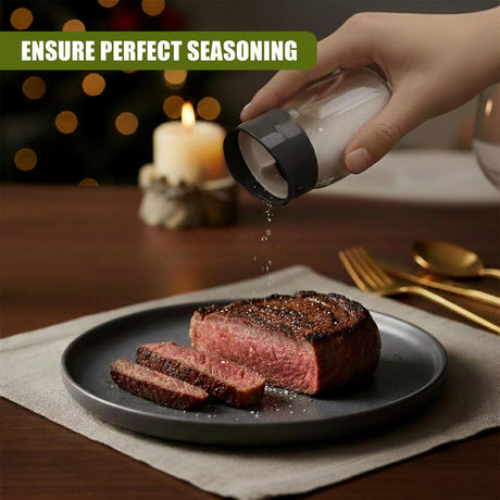A seasoning shaker deposits salt onto a sliced, seared steak on a dark serving plate.