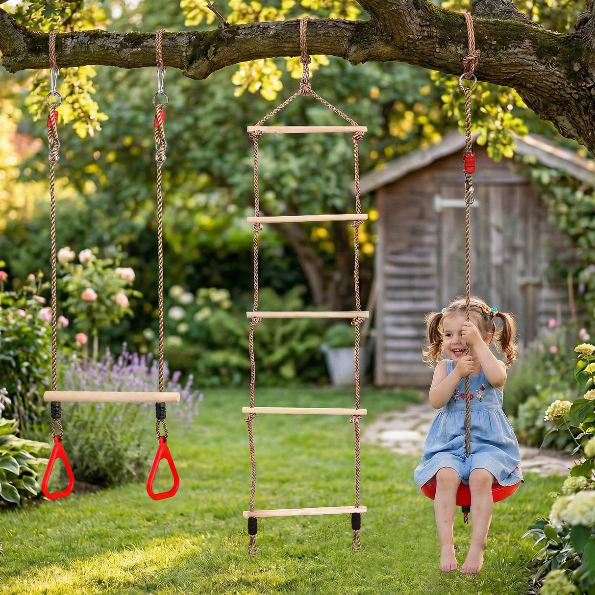 Child interacts with swings, trapeze bar, and rope ladder suspended from a large tree branch.