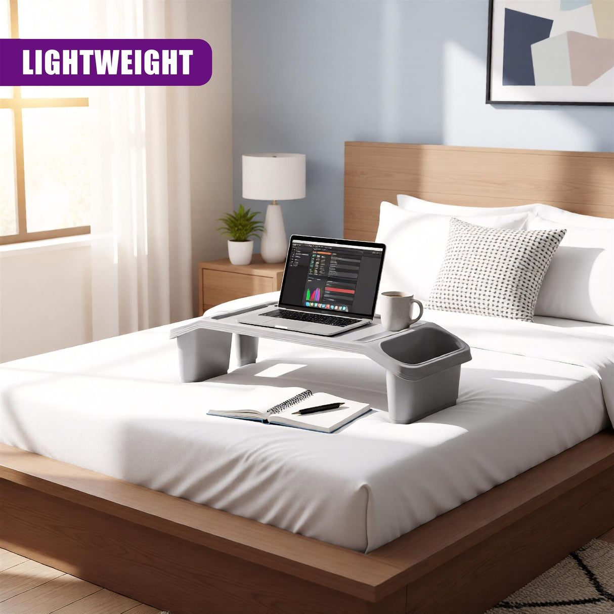 Two photos of a modern bed tray table setup, one showing a neat arrangement with laptop and books and the other displaying an unmade bed. - UKBuyZone