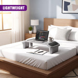 Two photos of a modern bed tray table setup, one showing a neat arrangement with laptop and books and the other displaying an unmade bed. - UKBuyZone