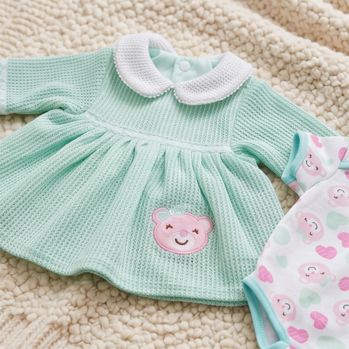 Mint green knitted baby dress with white collar and pink bear embroidered on the chest.