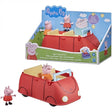Red plastic toy car displayed next to its colorful cardboard packaging box.