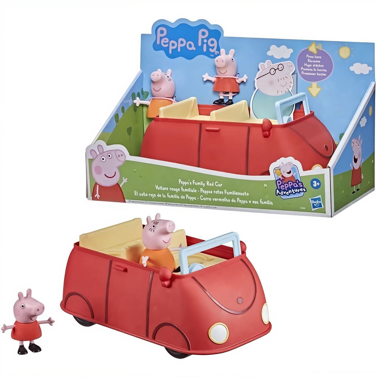 Red plastic toy car displayed next to its colorful cardboard packaging box.