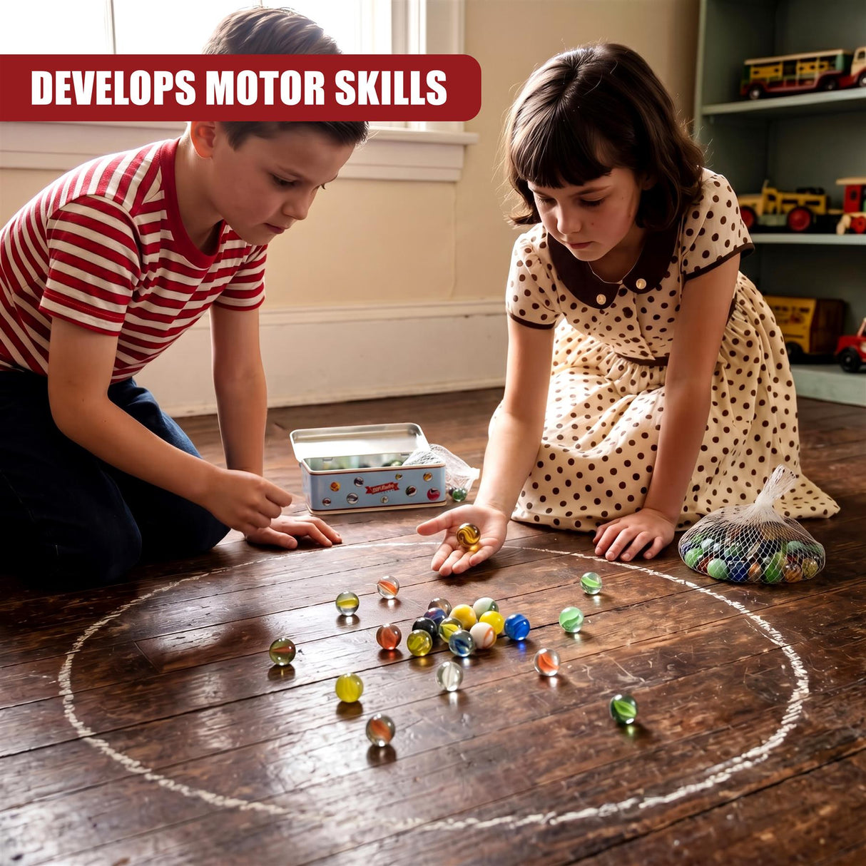Two children play with colorful marbles scattered on wood, near an open tin box and bag.