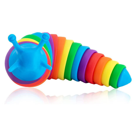 Blue head toy connected to a segmented, multi-colored, rainbow-patterned tail for fidgeting.