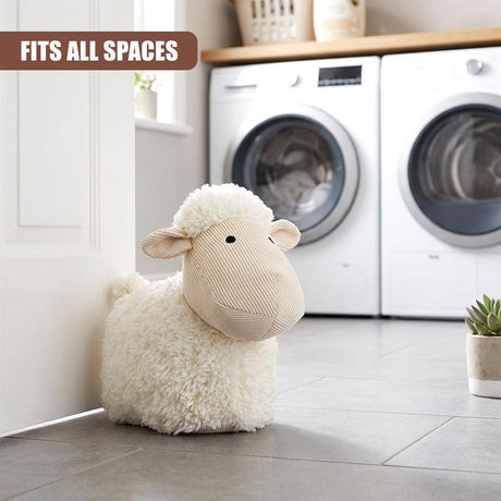 Sheep door stopper features a textured white body and smooth beige head resting against a door.
