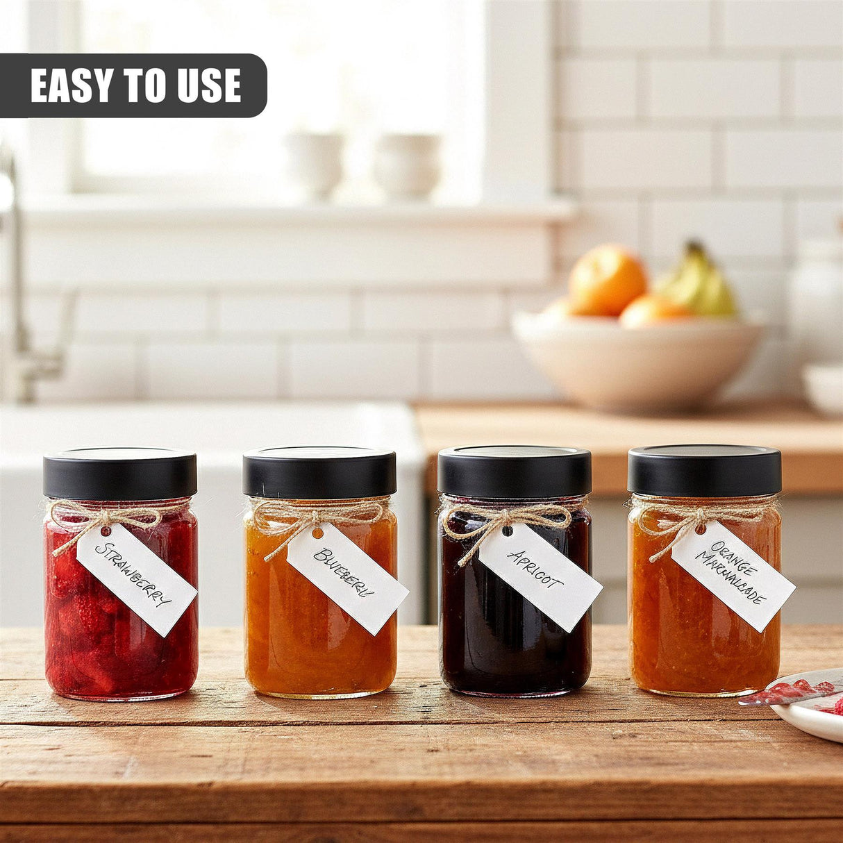 Four glass jars of strawberry, blueberry, apricot, and orange marmalade jams.
