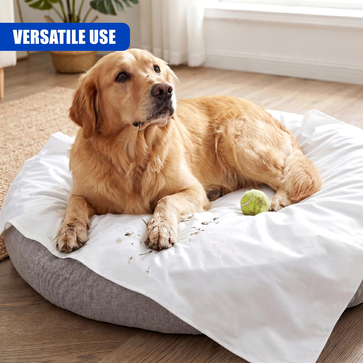 Golden labrador retriever rests on a waterproof white pet bed cover.