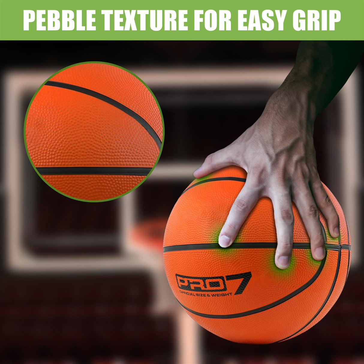 A hand holding an orange basketball against a blurred background with the text "PEBBLE TEXTURE FOR EASY GRIP".