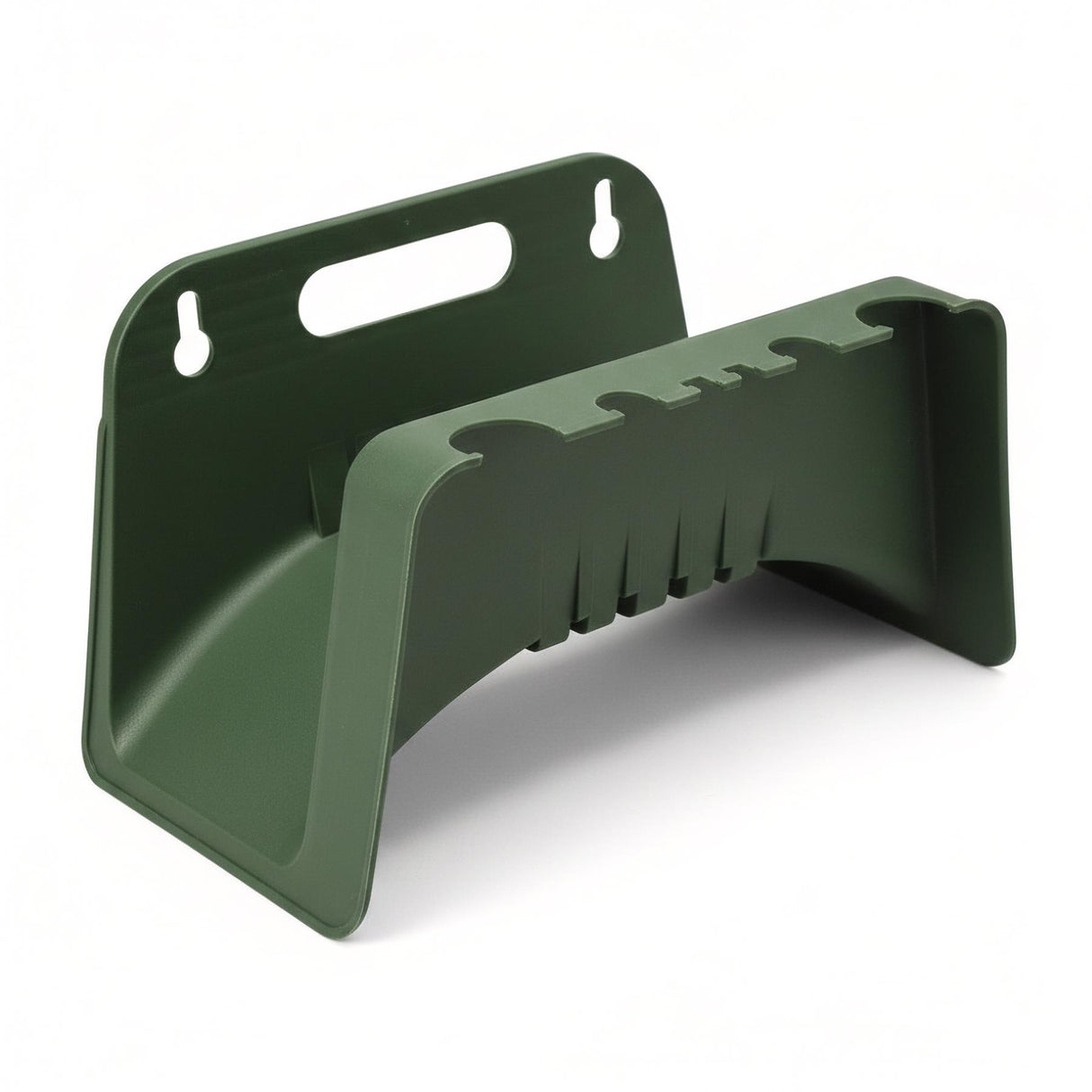 Molded green plastic bracket featuring mounting holes and horizontal slots for hose storage.