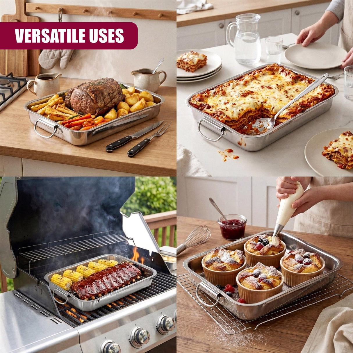 Multiple stainless steel trays used for roasting meats, baking casseroles, and presenting various baked goods.