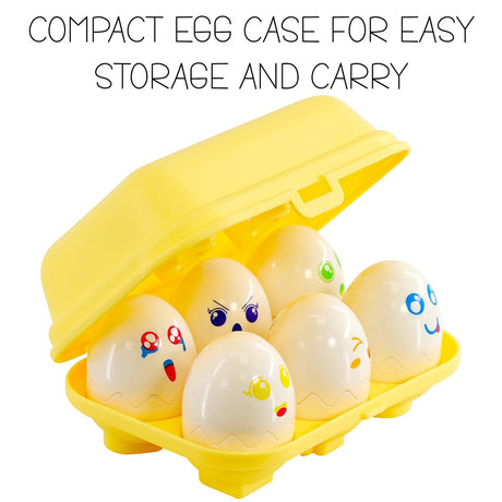 Open yellow carrying case containing several collectible character eggs of various designs.