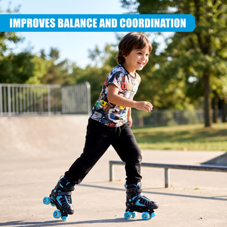 A smiling boy wearing black trousers and a patterned t-shirt skates on blue quad roller skates at an outdoor skate park
