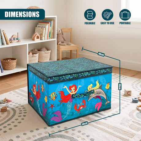 A blue mermaid-themed storage box with a foldable lid, placed on a rug in a child's room