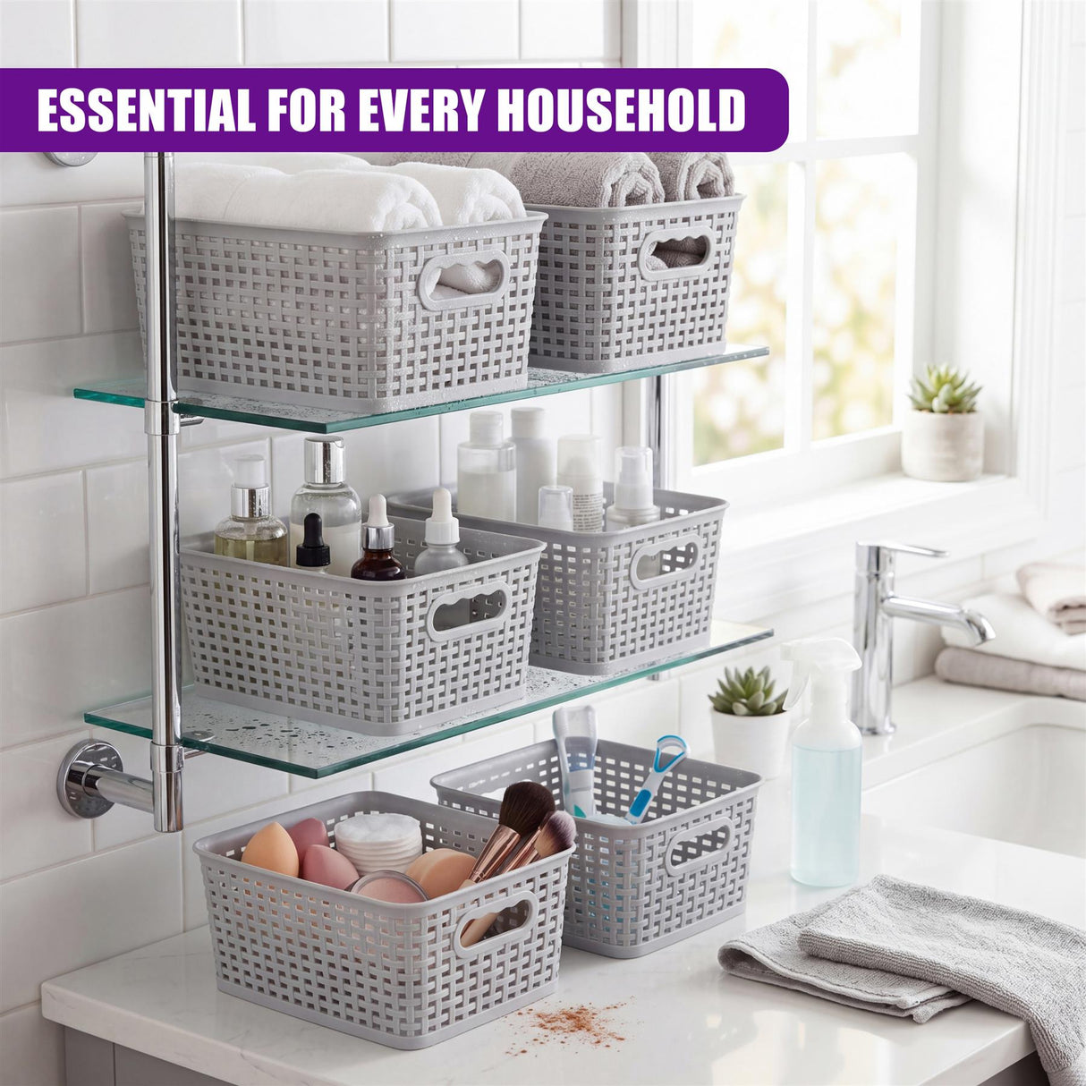 Tiered shelf unit holding six textured gray baskets filled with household toiletries and towels.