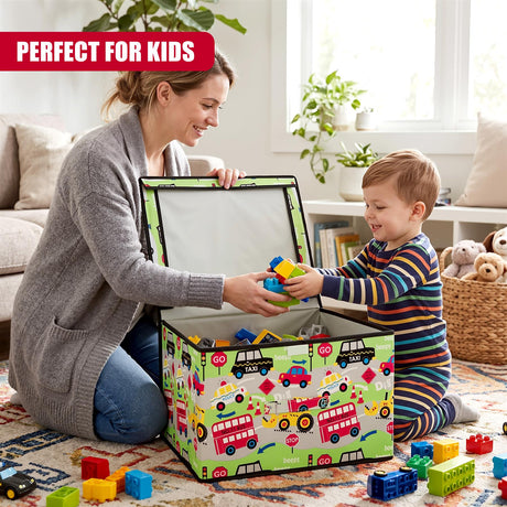 A smiling woman and young boy play together on a rug, passing colourful building blocks into a large Road Works storage box