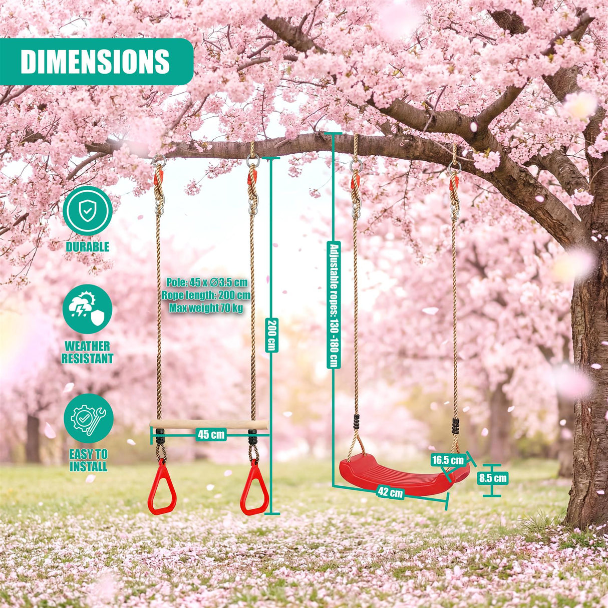 Diagram of a hanging swing seat and bar set attached to a tree branch with labeled dimensions.