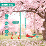 Diagram of a hanging swing seat and bar set attached to a tree branch with labeled dimensions.