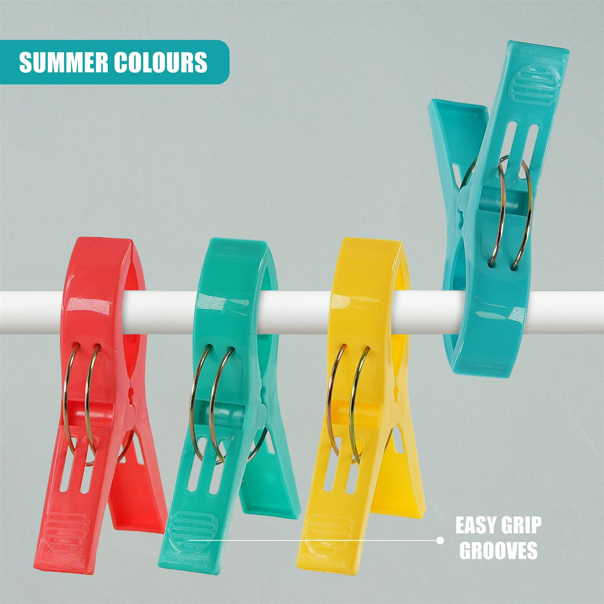 Set of four brightly colored spring clips designed for hanging items on a white bar.