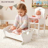 White wooden doll cradle and matching high chair set, shown with dolls near a child.