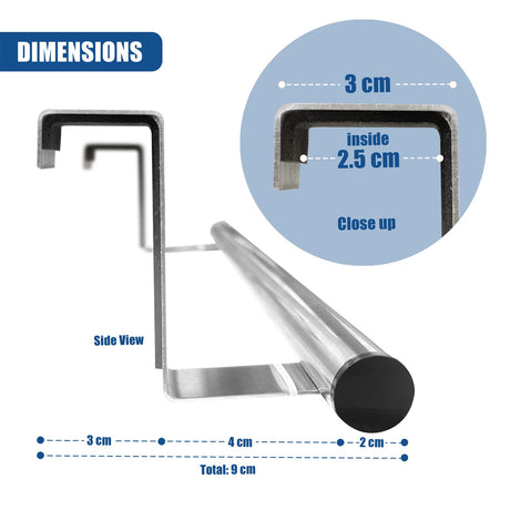 Side view of an extendable metal rail rack, showing a hook and overall dimensions totaling 9 cm.