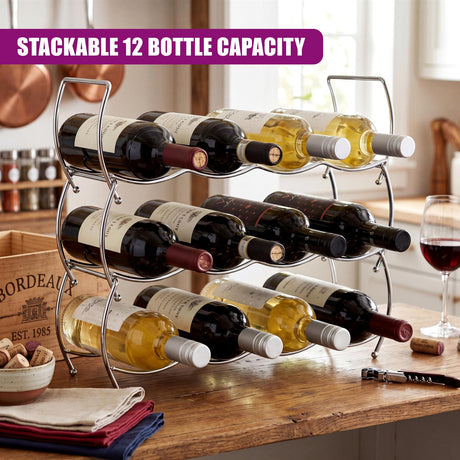 A tiered metal wine rack holds several dark and light bottles displayed on a rustic wooden surface.