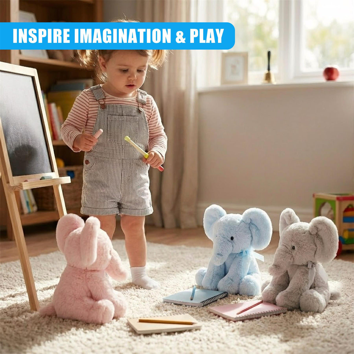 Blue elephant plush toy on a white rug, with two children and a parent. A child sits behind the elephant, another stands in front of it, all looking at the camera with a soft focus. - UKBuyZone