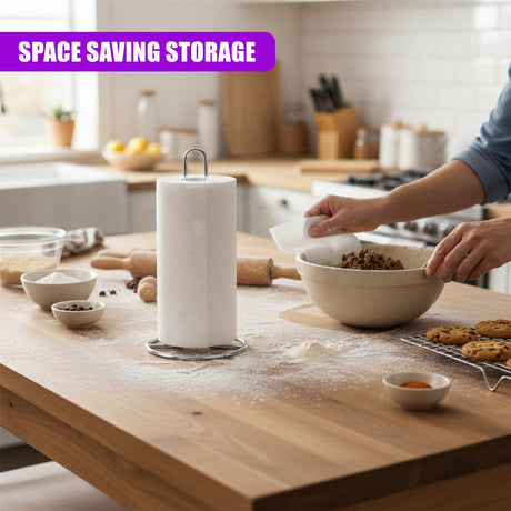 A chrome stand holding paper towels rests on a wooden kitchen counter amid baking supplies.