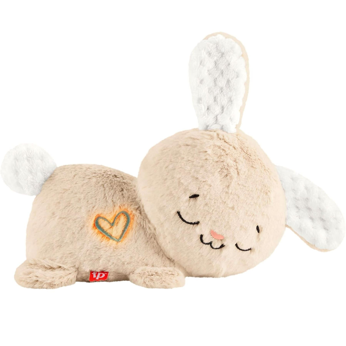 Plush toy of a sleeping bunny, tan colored, featuring embroidered heart details on the chest.