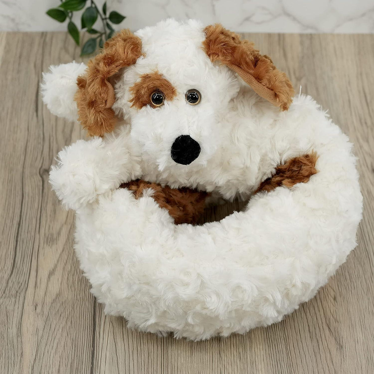 fluffy white brown dog plush toy - UKBuyZone