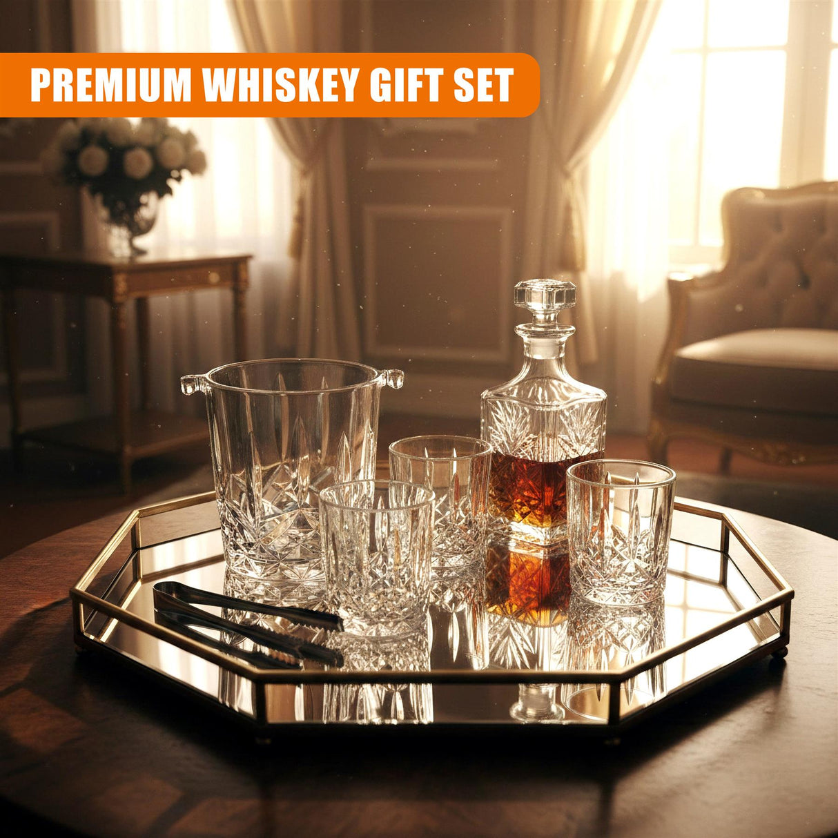 Set of four glasses, an ice bucket, a decanter, and bar tools displayed on a metal tray.