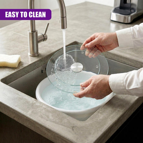 Hands wash a clear glass turntable under running water in a stone kitchen sink.