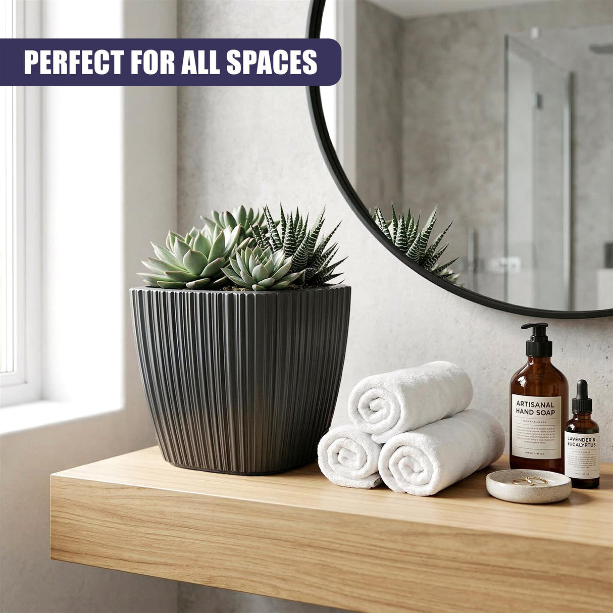Black pleated pot filled with succulents sits on a wooden counter next to soap products.