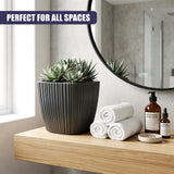 Black pleated pot filled with succulents sits on a wooden counter next to soap products.