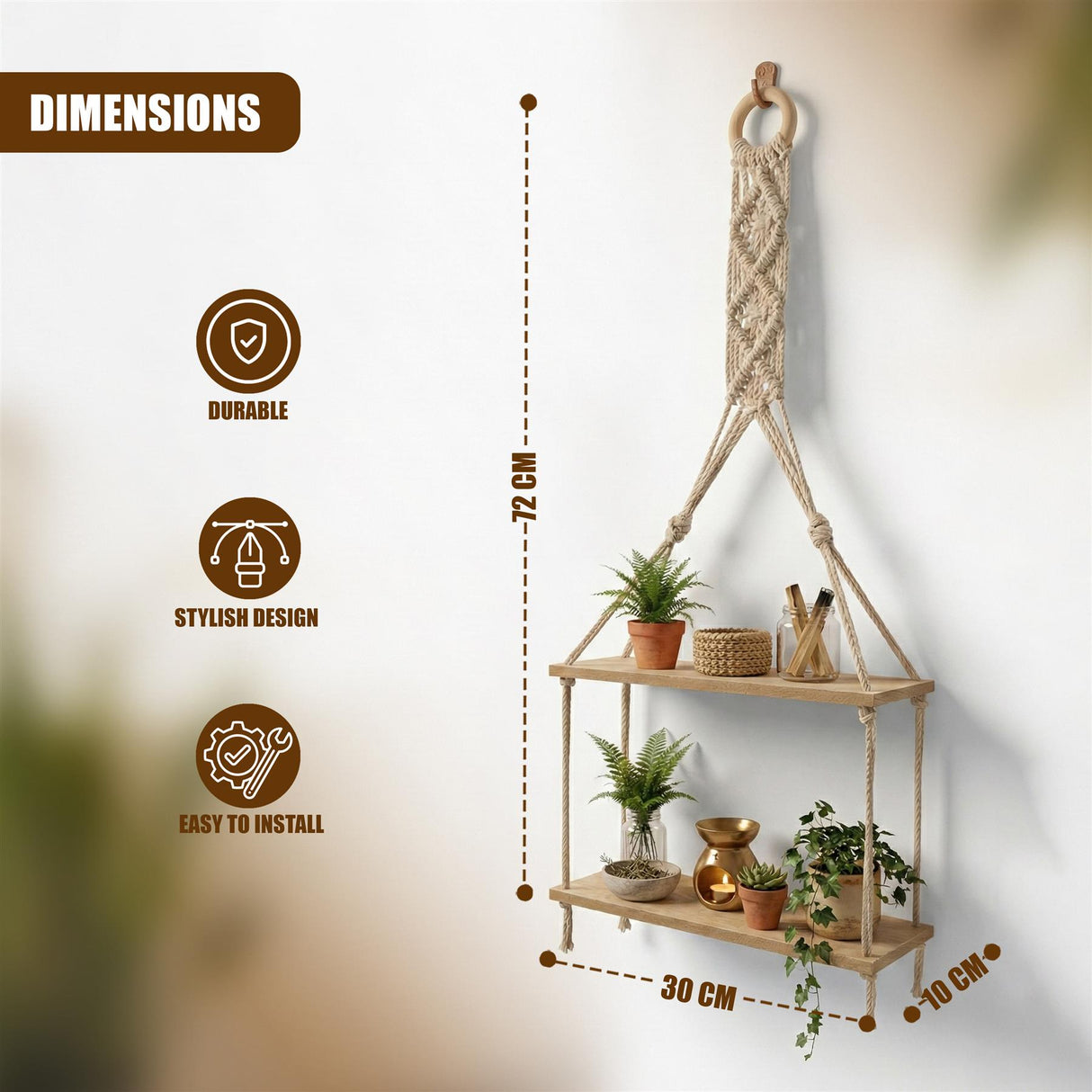2 Tier Macrame Hanging Wall Shelf