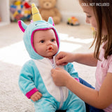 Reborn doll wearing a blue unicorn costume while a person adjusts the outfit's zipper.