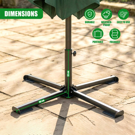 Folding metal stand base for a parasol, measuring 40 cm wide at the base.
