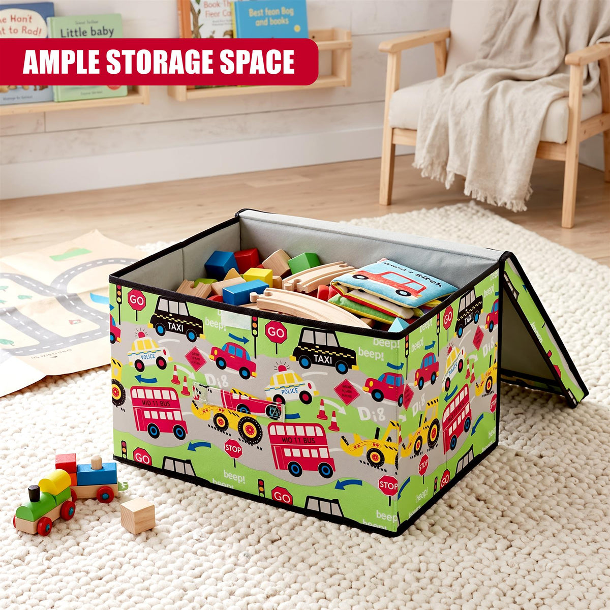 The Magic Toy Shop Road Works Large Storage Box sits on a rug, open to reveal toys inside, with its lid propped against the